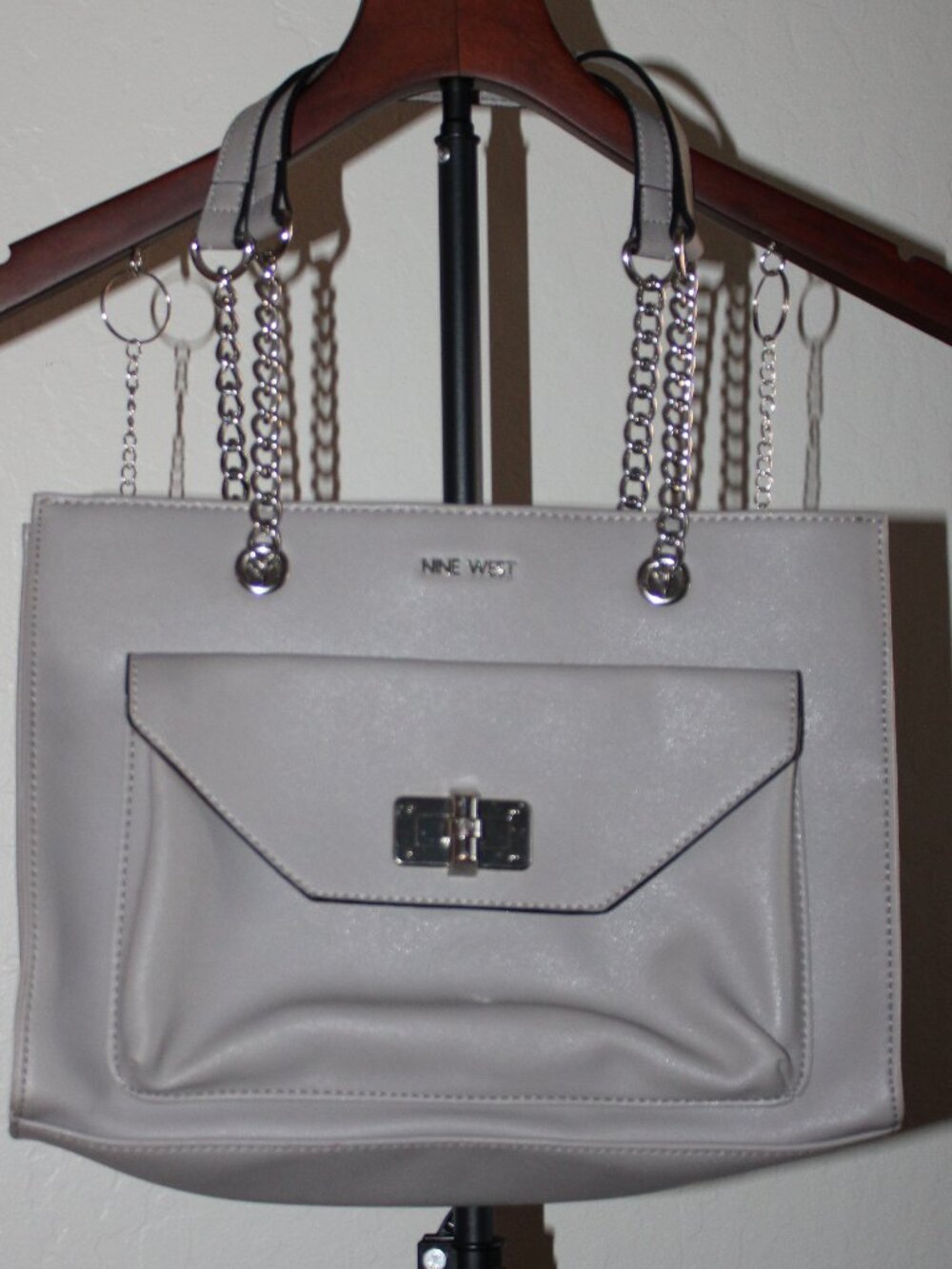 Nine West Gray Chain Strap Tote Shoulder Bag Front Pocket NWT